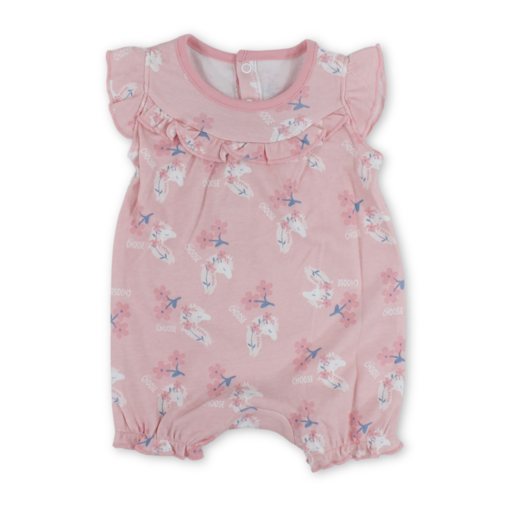 Baby Girls Cotton Romper – Salmon with Flowers Print