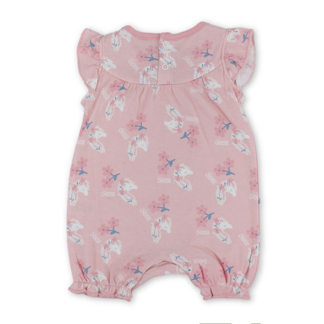 Baby Girls Cotton Romper – Salmon with Flowers Print