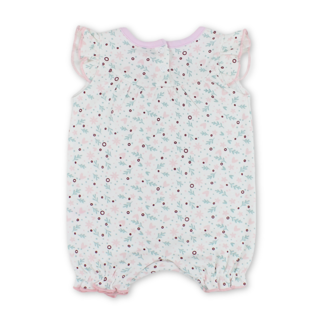 Baby Girls Cotton Romper – White with Flowers Print