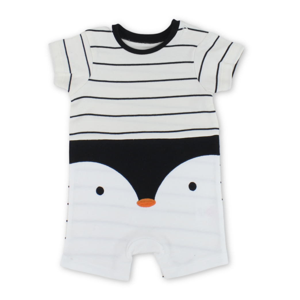 Baby Boys Cotton Romper – Navy & White with Penguin Print