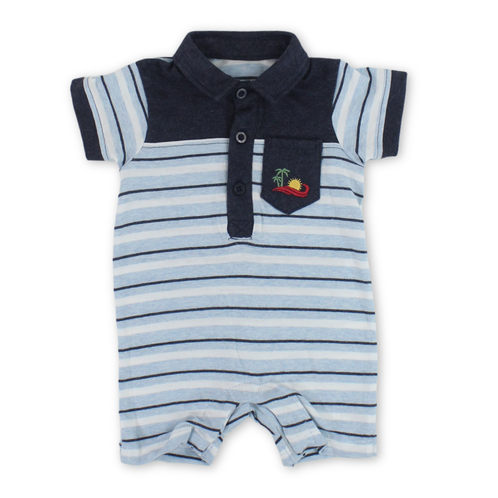 Baby Boys Cotton Romper – Striped Baby Blue & Grey