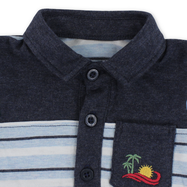 Baby Boys Cotton Romper – Striped Baby Blue & Grey