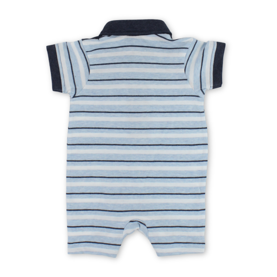 Baby Boys Cotton Romper – Striped Baby Blue & Grey
