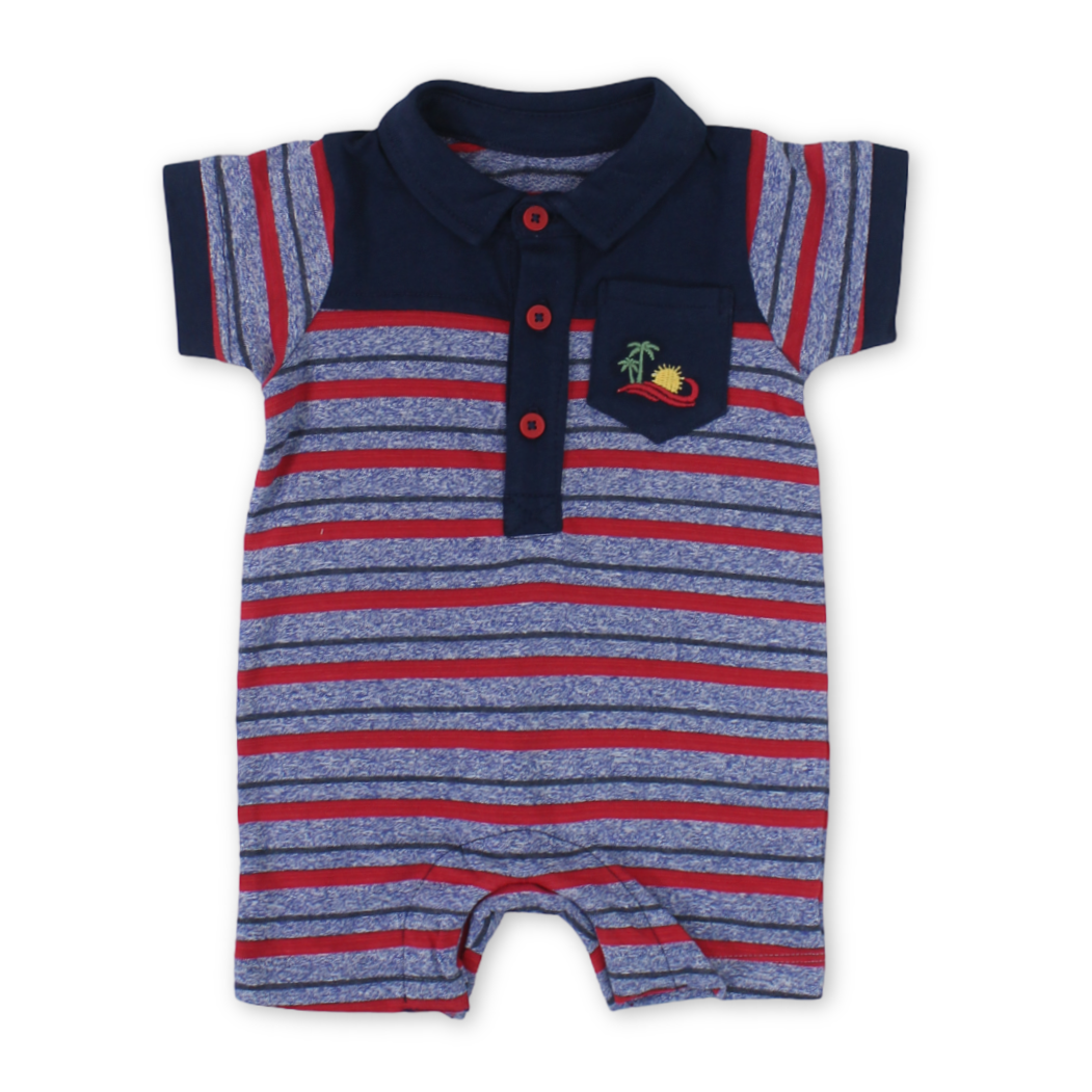 Baby Boys Cotton Romper – Striped Navy & Red