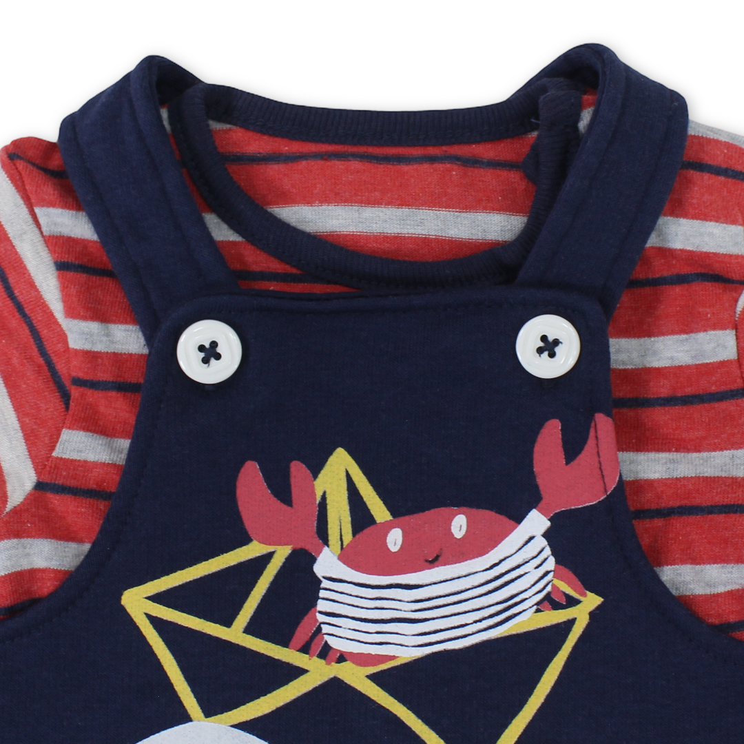 Baby Boys Cotton Romper – Navy & Red with Crab Print
