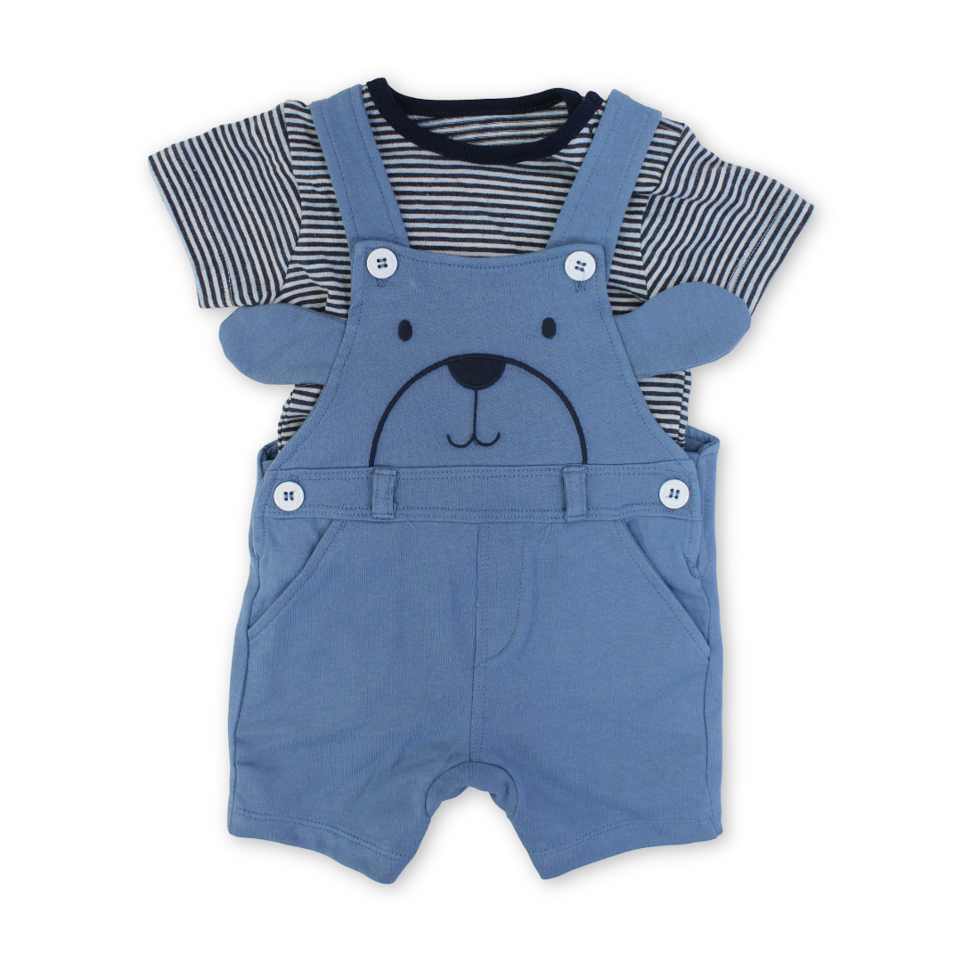 Baby Boys Cotton Romper – Blue & Navy with Dog Embroidery