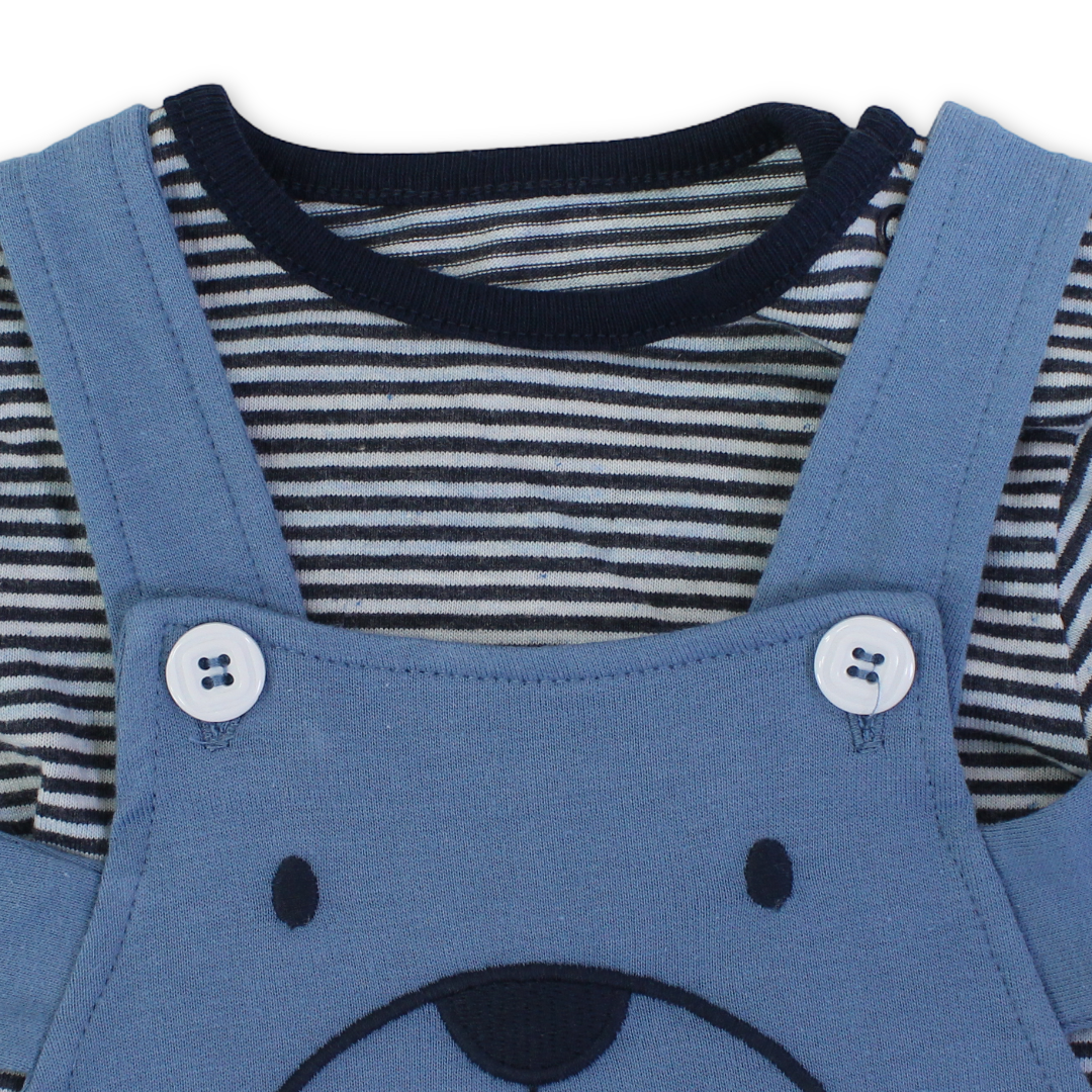 Baby Boys Cotton Romper – Blue & Navy with Dog Embroidery