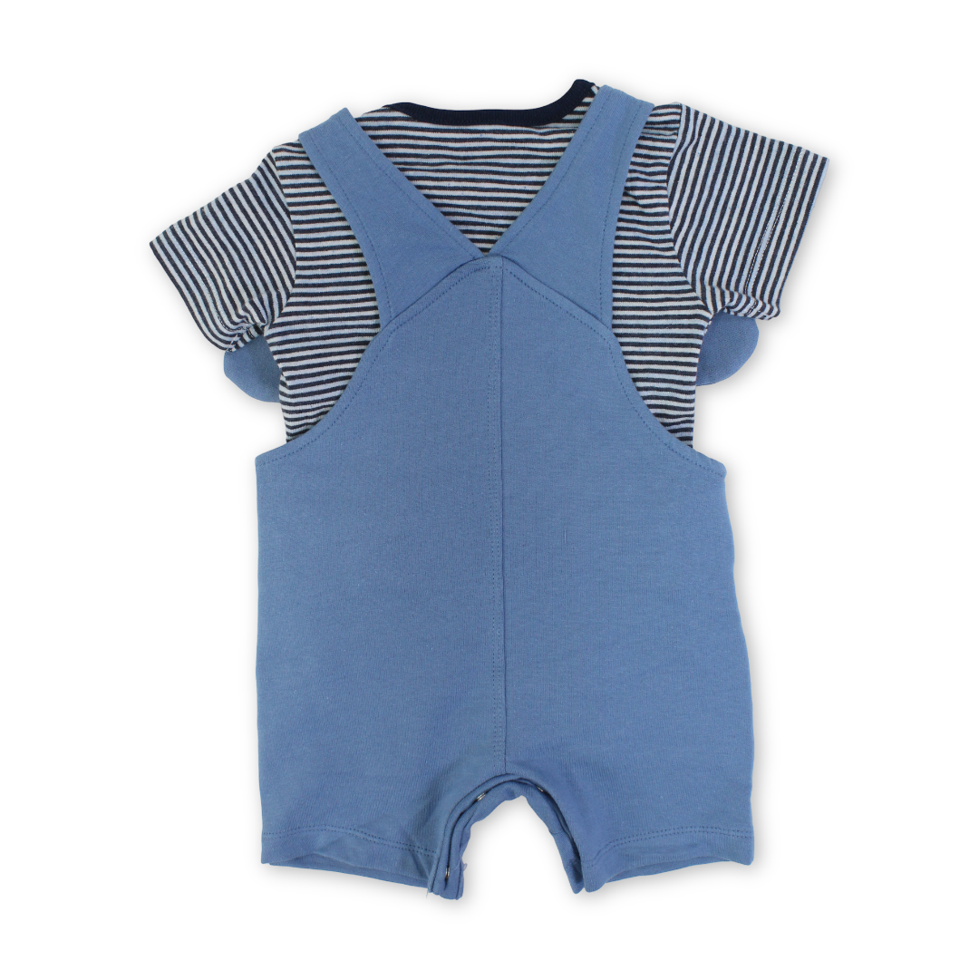 Baby Boys Cotton Romper – Blue & Navy with Dog Embroidery