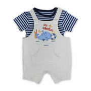 Baby Boys Cotton Romper – Beige & Navy with Dolphin Embroidery
