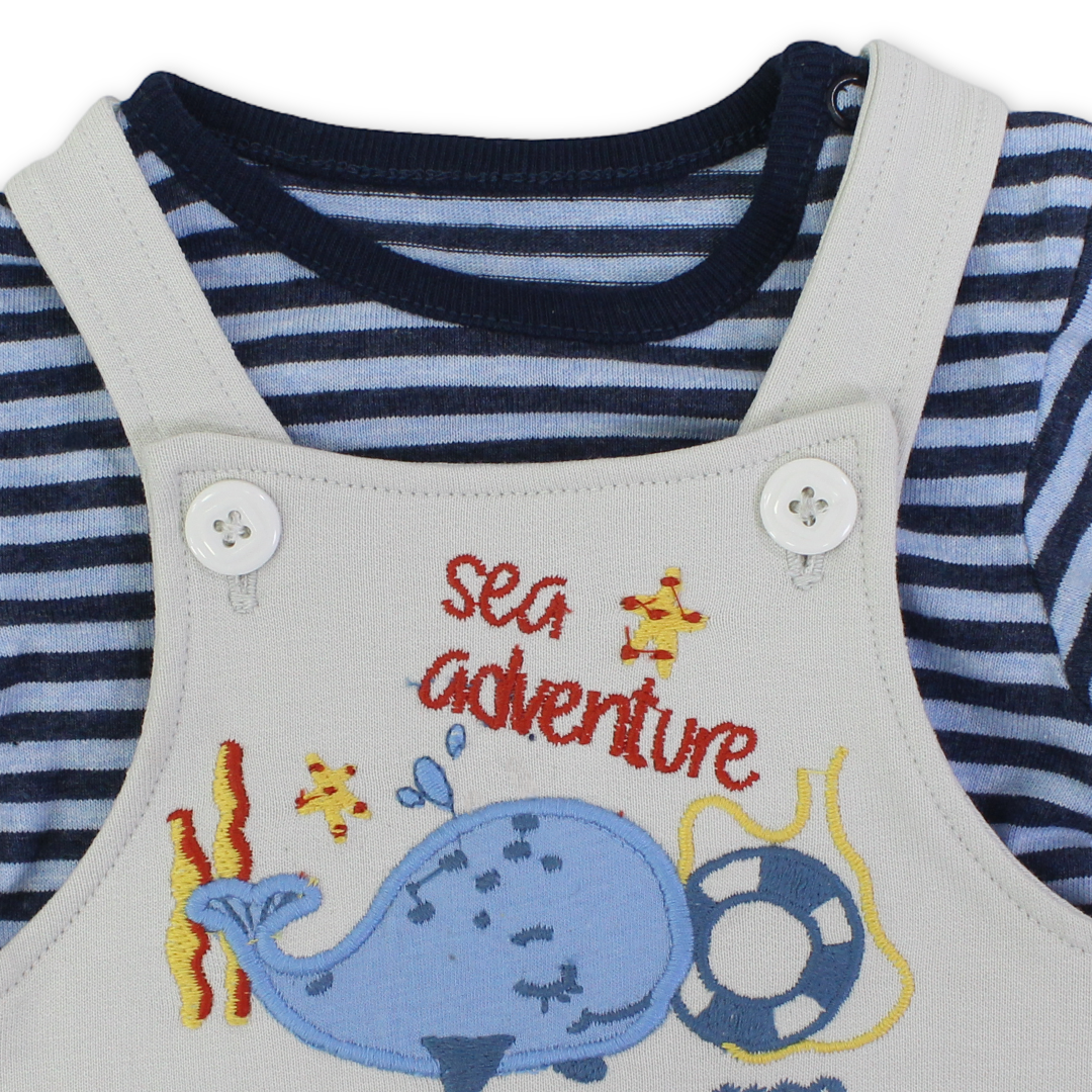 Baby Boys Cotton Romper – Beige & Navy with Dolphin Embroidery