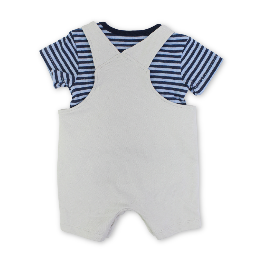 Baby Boys Cotton Romper – Beige & Navy with Dolphin Embroidery