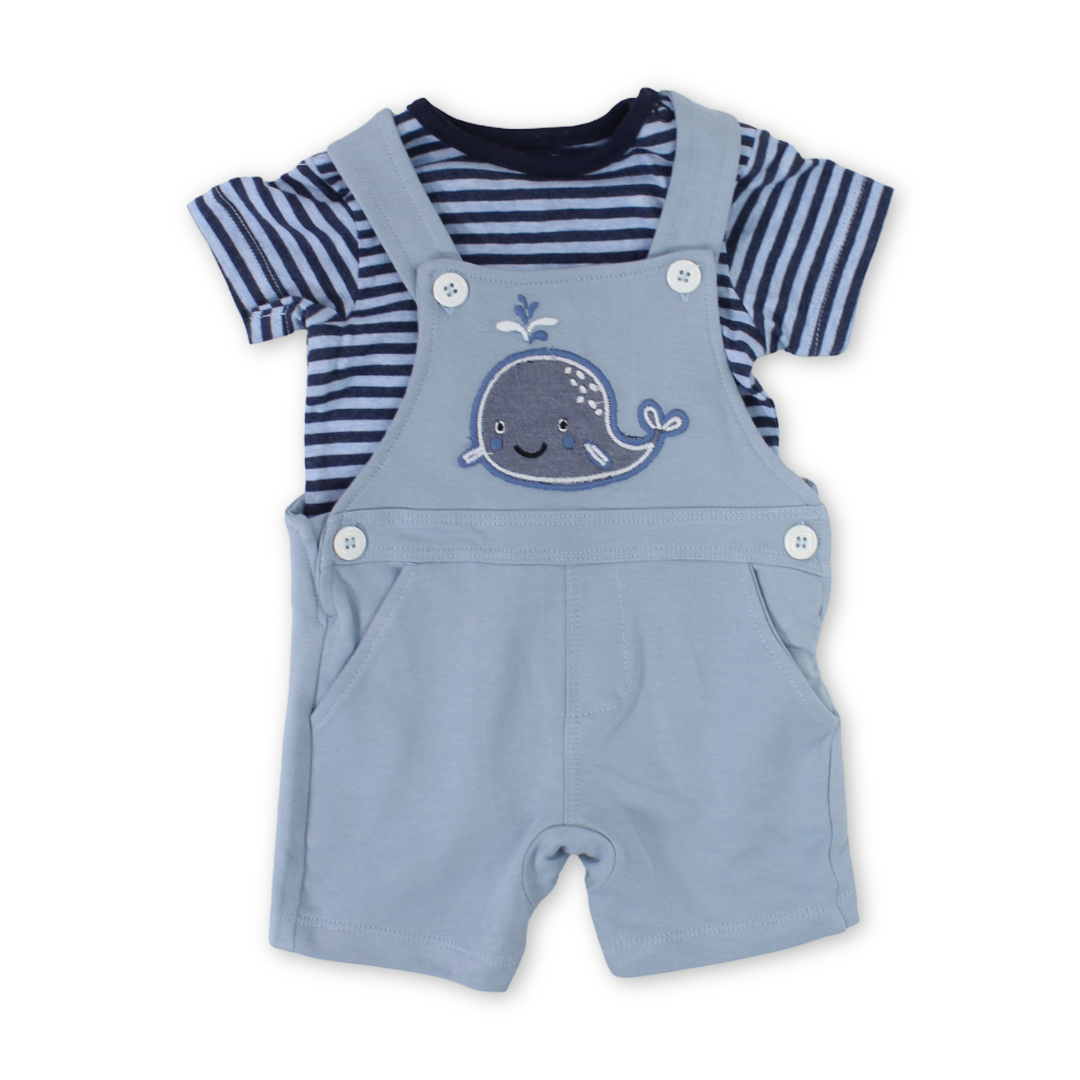 Baby Boys Cotton Romper – Baby Blue & Navy with Dolphin Embroidery
