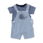 Baby Boys Cotton Romper – Baby Blue & Navy with Dolphin Embroidery