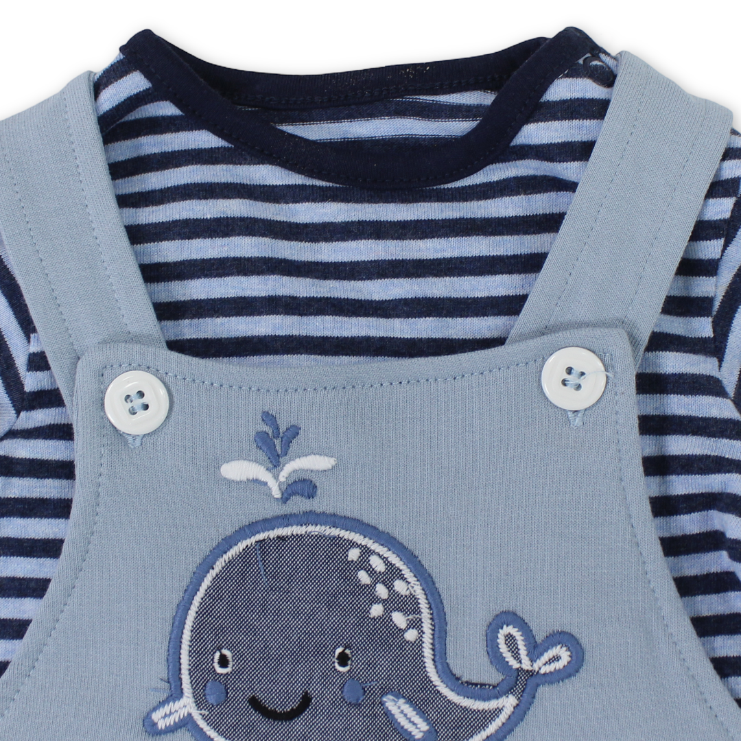 Baby Boys Cotton Romper – Baby Blue & Navy with Dolphin Embroidery