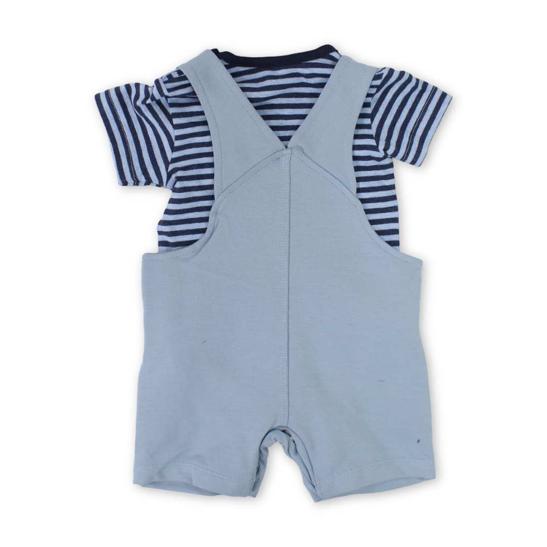 Baby Boys Cotton Romper – Baby Blue & Navy with Dolphin Embroidery