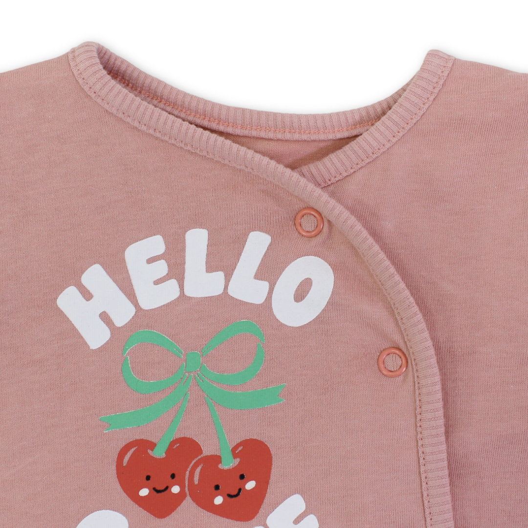 Baby Girls Cotton Romper – Salmon with "Hello Cutie" Print