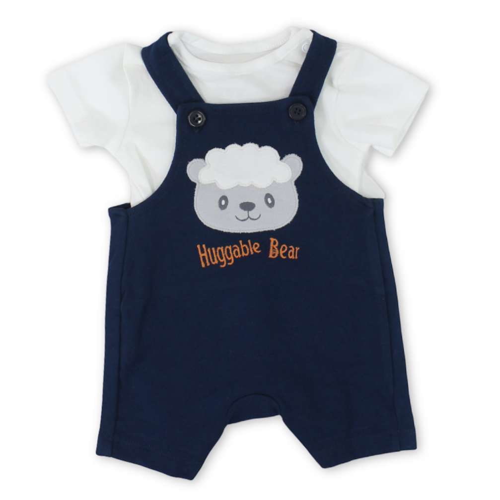 Baby Boys Cotton Romper – Navy & White with Sheep Embroidery