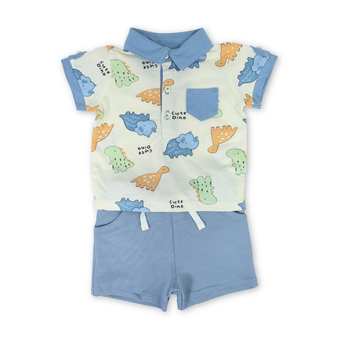 Baby Boys Cotton Pajama – Off-White with Cute Dino Print