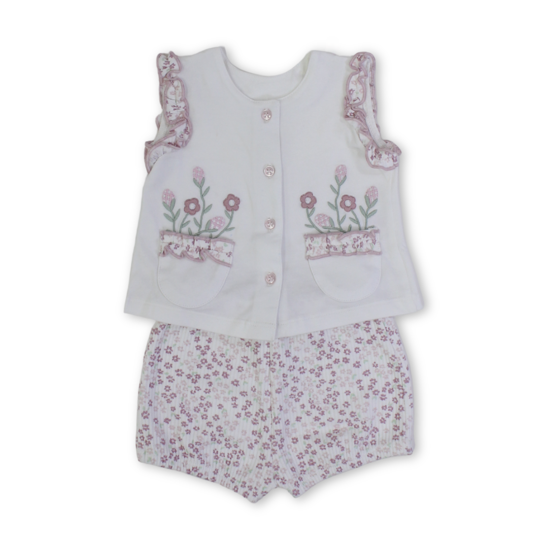 Baby Girls Cotton Sleevless Pajama – White with Flowers Embroidery