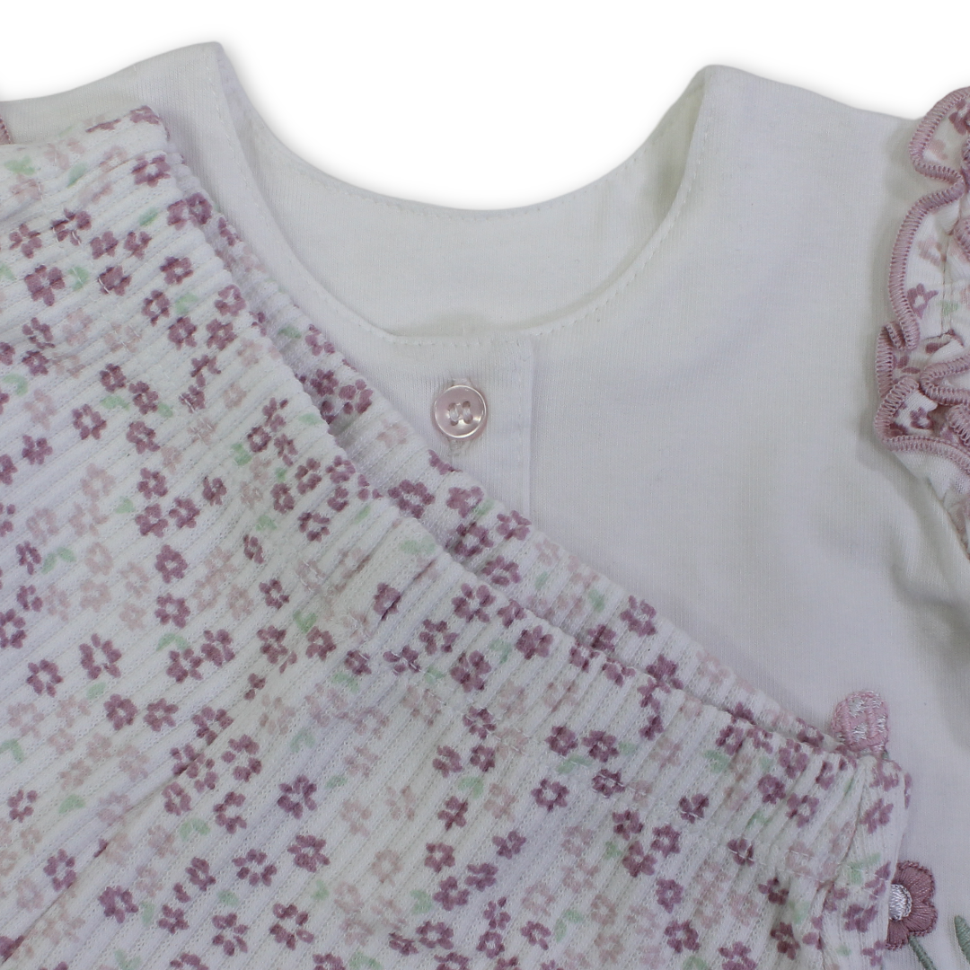 Baby Girls Cotton Sleevless Pajama – White with Flowers Embroidery