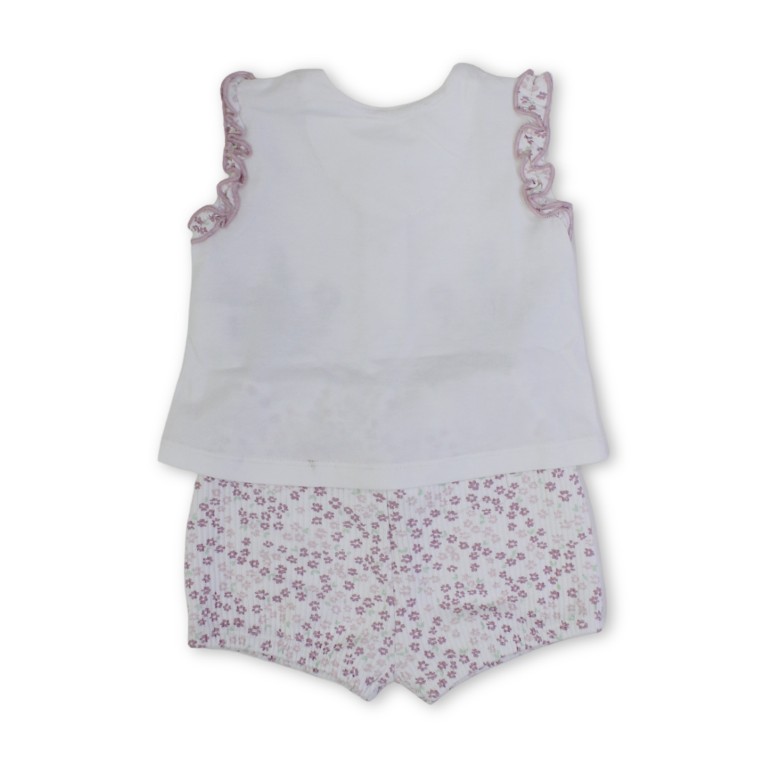 Baby Girls Cotton Sleevless Pajama – White with Flowers Embroidery