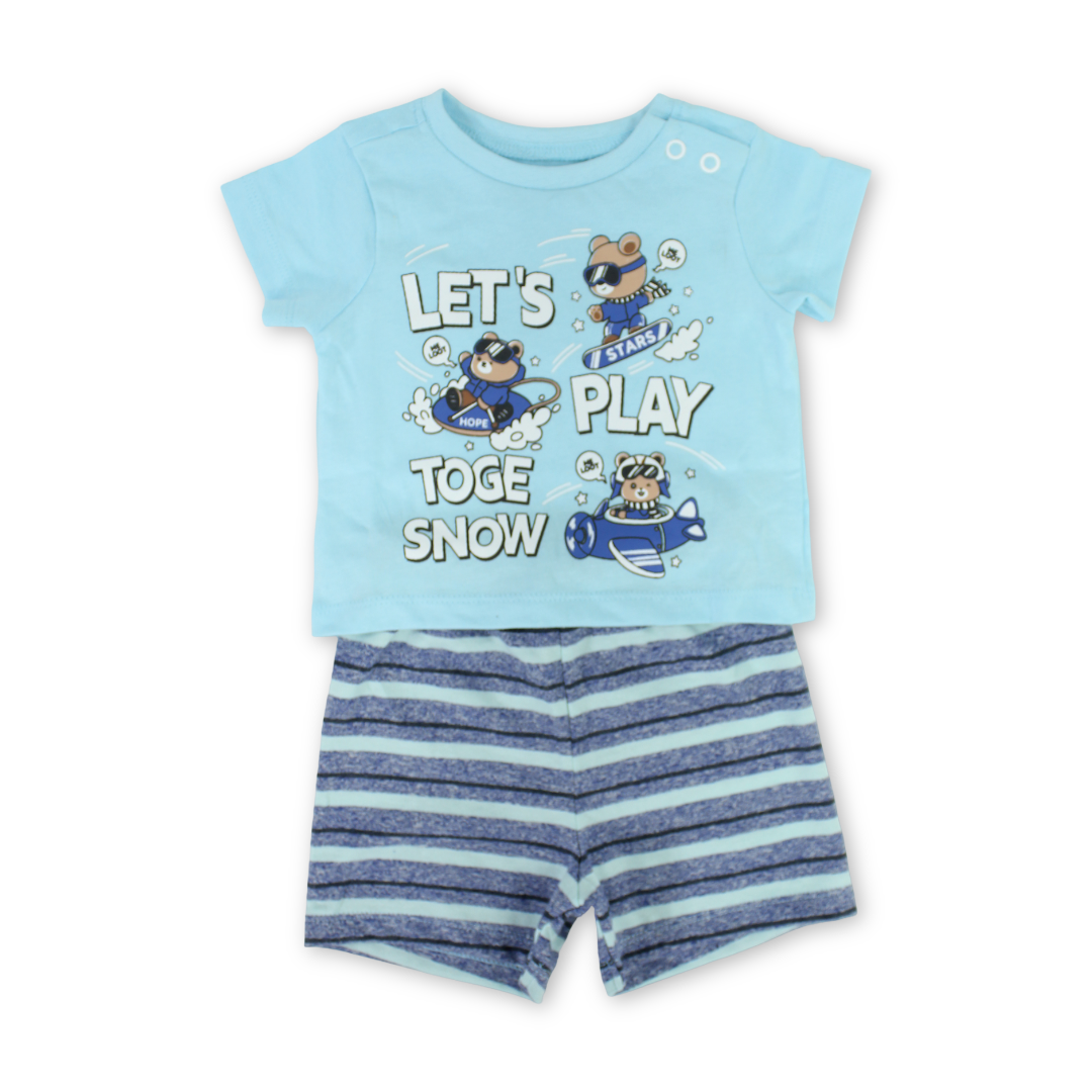 Baby Boys Cotton Pajama – Aqua with "Let's Play Toge Snow" Print