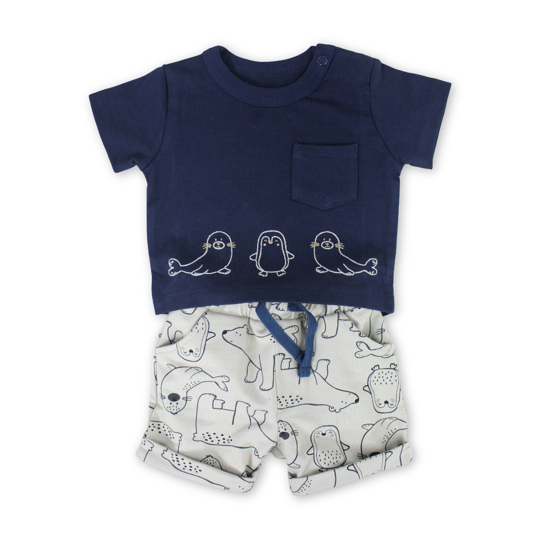 Baby Boys Cotton Pajama – Navy with Penguin Print