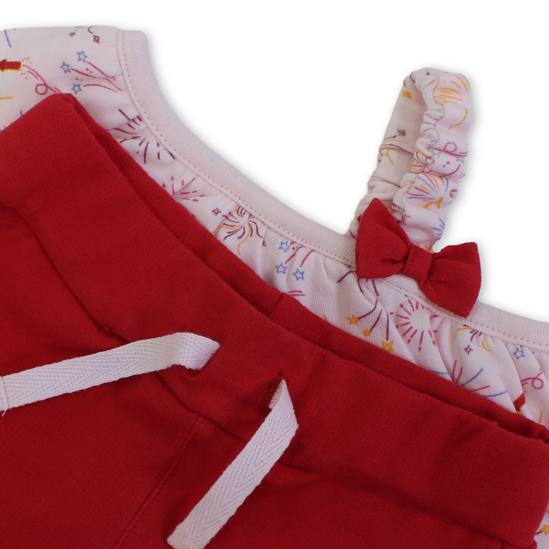 Baby Girls Cotton Sleeveless Pajama – Salmon with Flowers & Bow Design