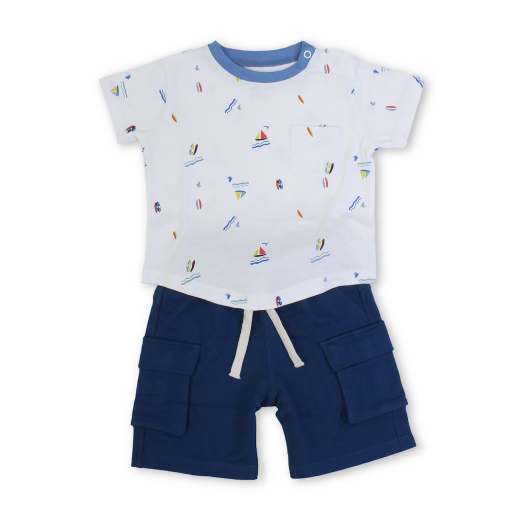 Baby Boys Cotton Pajama – White with Boats Print - Clothing - Al Sayad