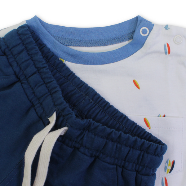 Baby Boys Cotton Pajama – White with Boats Print