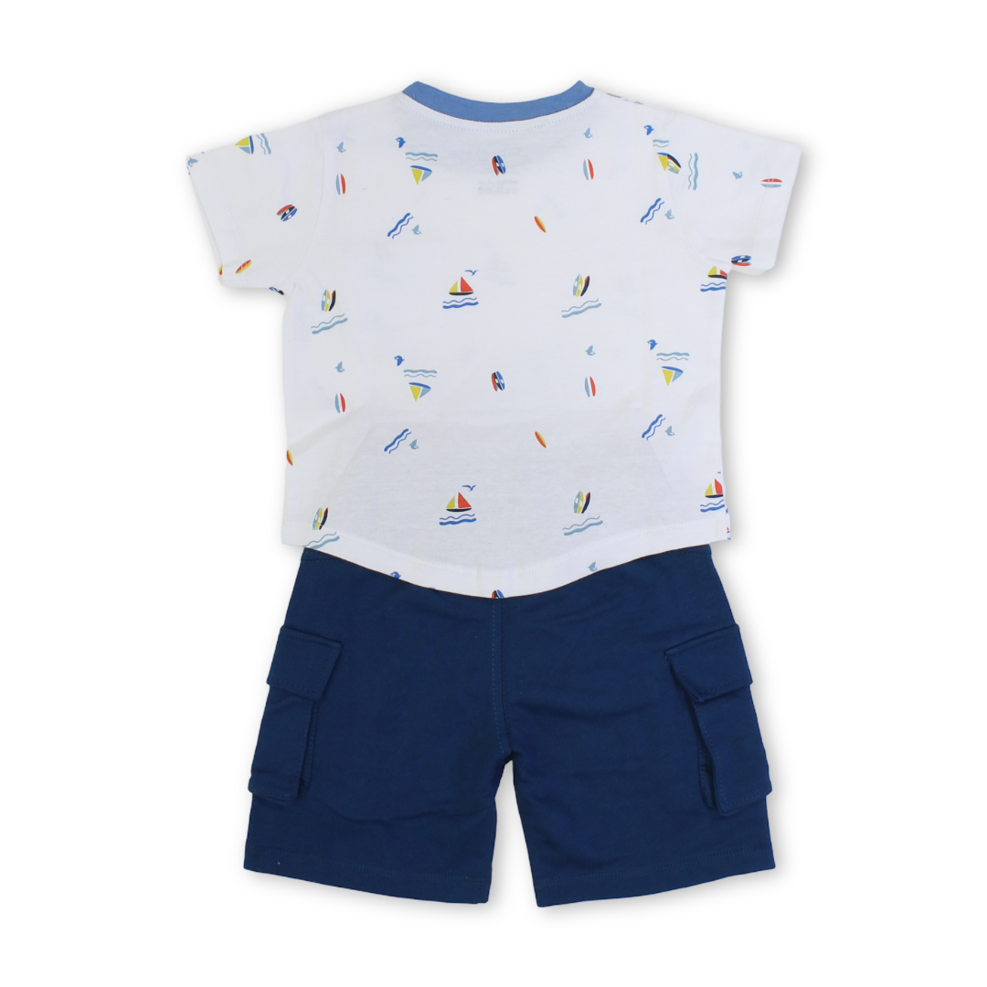 Baby Boys Cotton Pajama – White with Boats Print