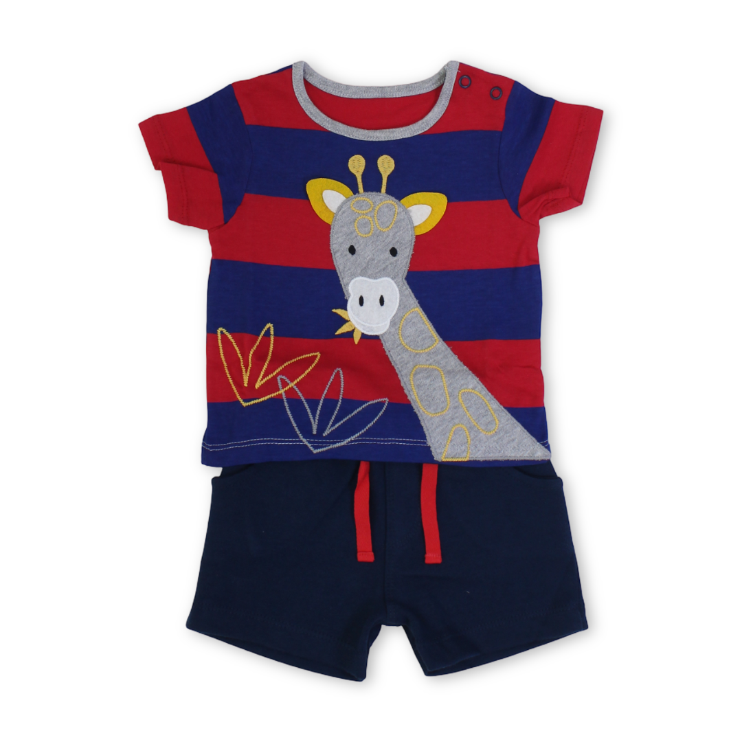 Baby Boys Cotton Pajama – Red & Navy with Giraffe Embroidery