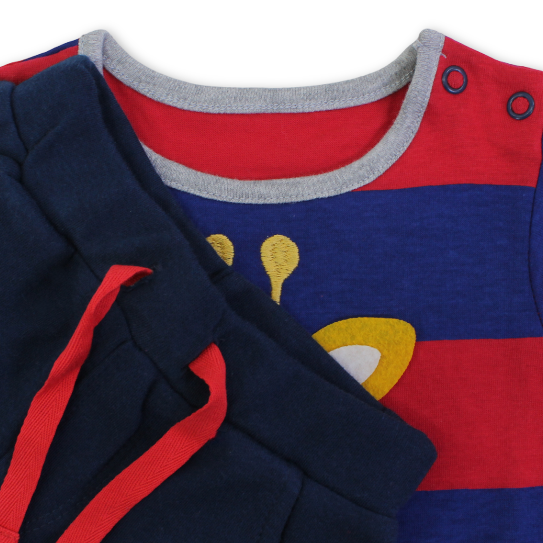 Baby Boys Cotton Pajama – Red & Navy with Giraffe Embroidery