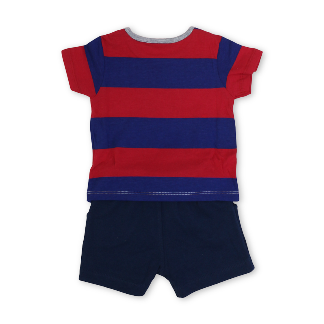 Baby Boys Cotton Pajama – Red & Navy with Giraffe Embroidery