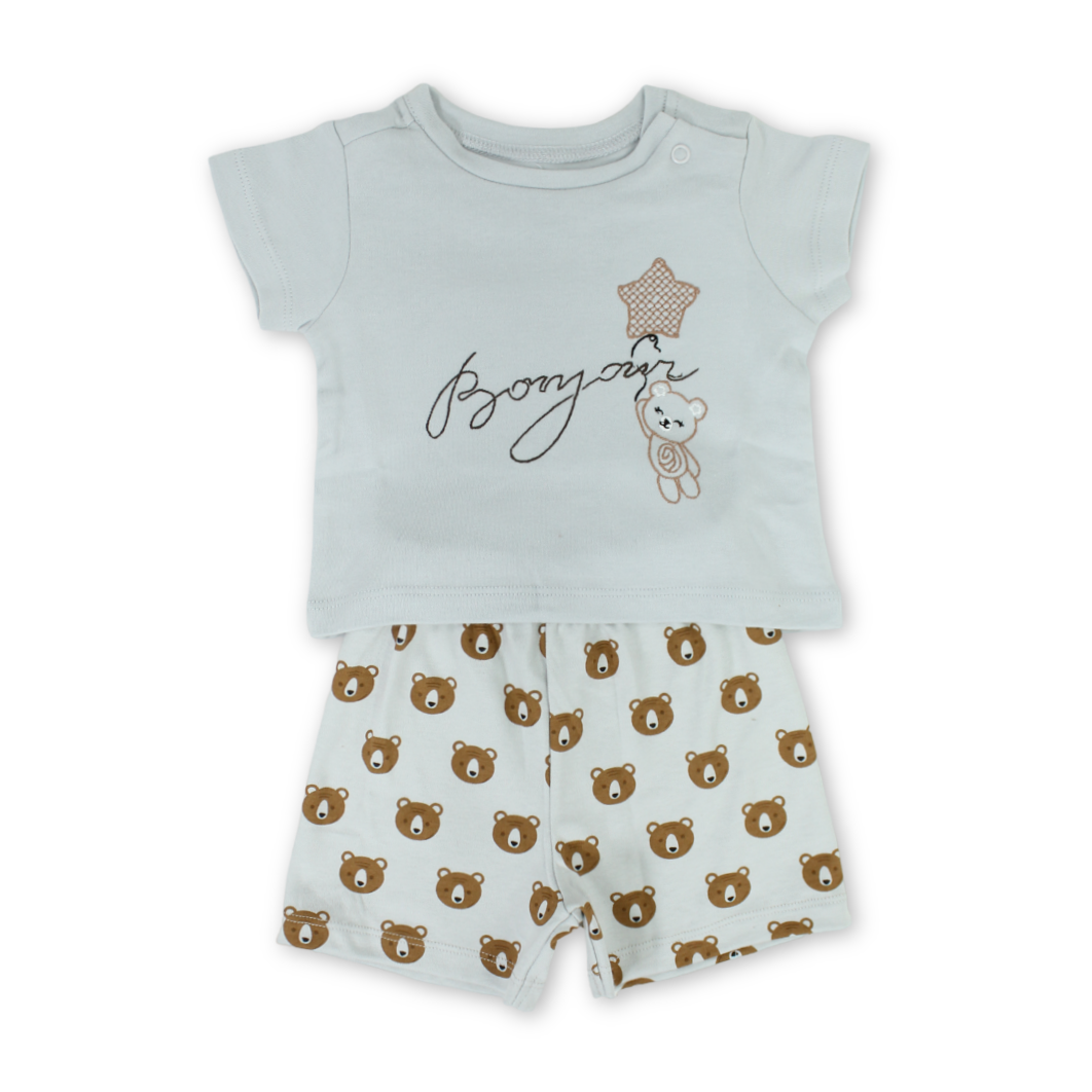 Baby Girls Cotton Pajama – Grey with "Bonjour" Embroidery