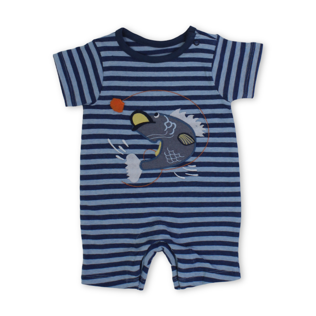 Baby Boys Cotton Romper – Striped Baby Blue with Shark Embroidery