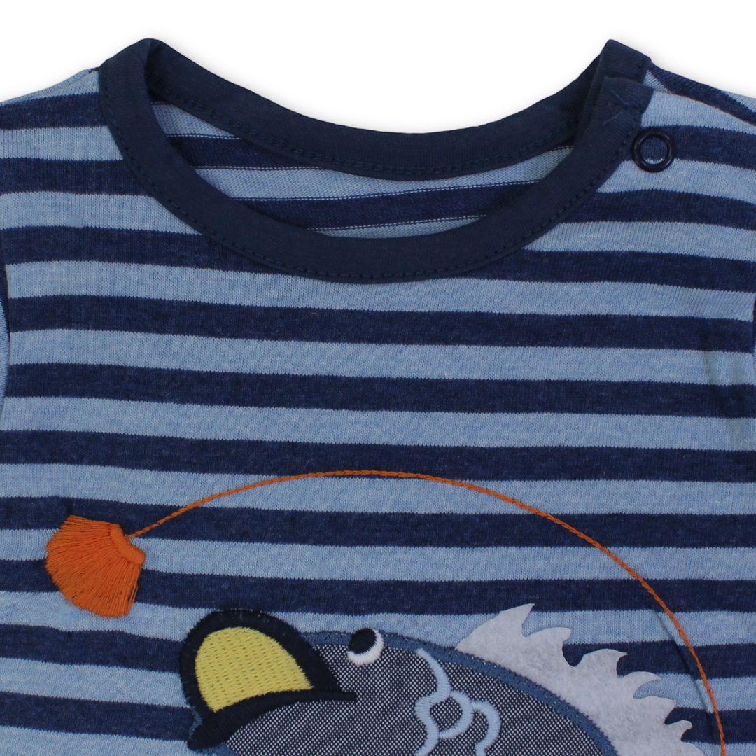 Baby Boys Cotton Romper – Striped Baby Blue with Shark Embroidery