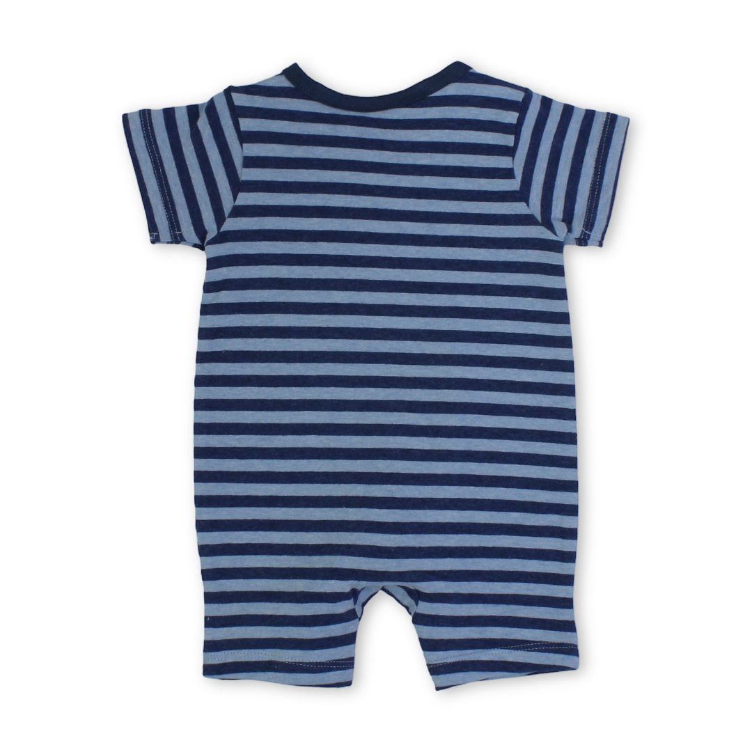 Baby Boys Cotton Romper – Striped Baby Blue with Shark Embroidery