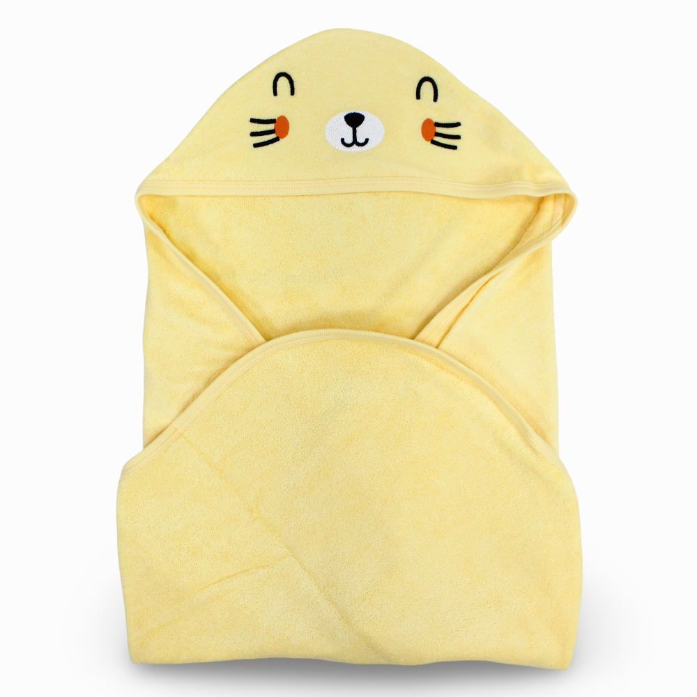 Unisex Cotton Baby Hooded Towel – Yellow with Cat Design