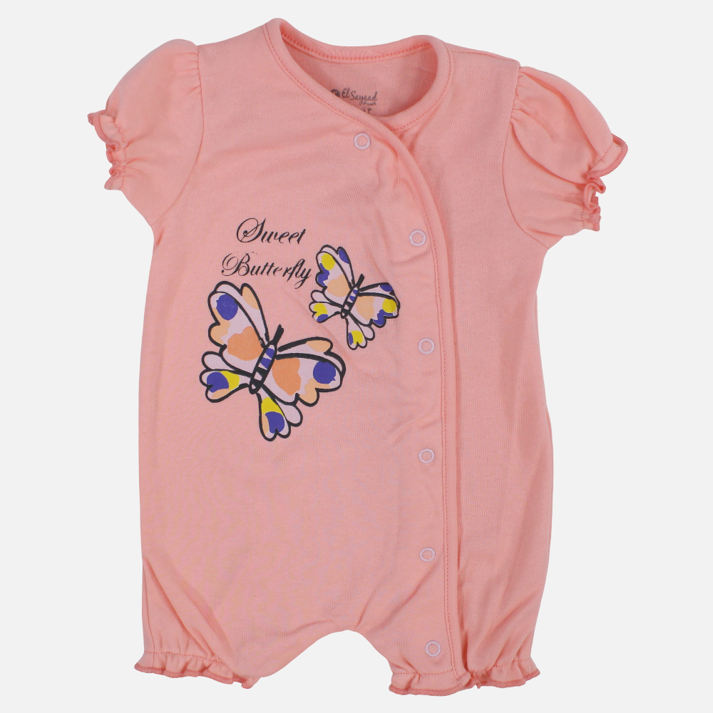 Baby Girls Cotton Romper– Salmon with Butterfly Print