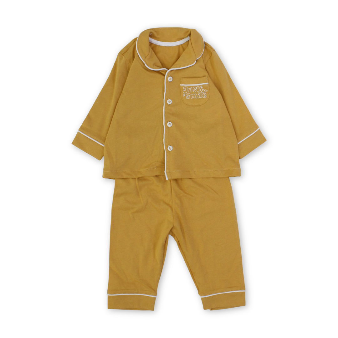 Baby Boys Cotton Pajama – Mustard with "Just Smile" Embroidery