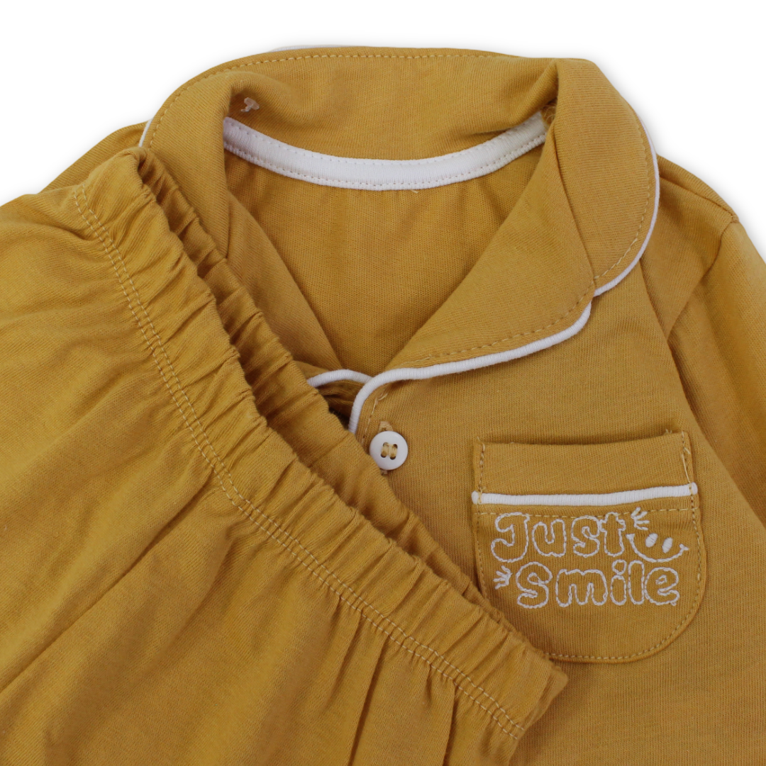 Baby Boys Cotton Pajama – Mustard with "Just Smile" Embroidery
