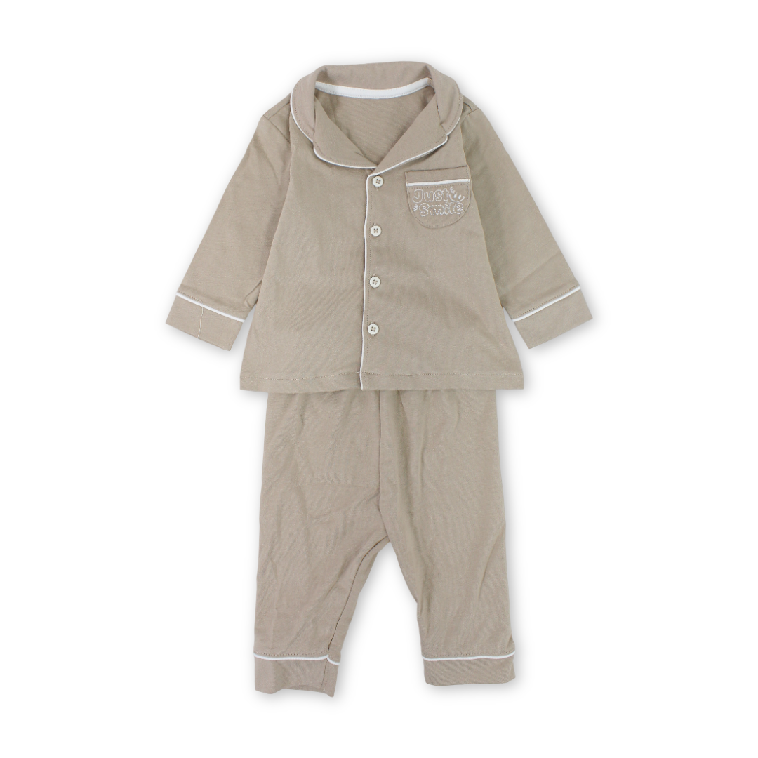 Baby Boys Cotton Pajama – Coffee with "Just Smile" Embroidery - Clothing - Al Sayad