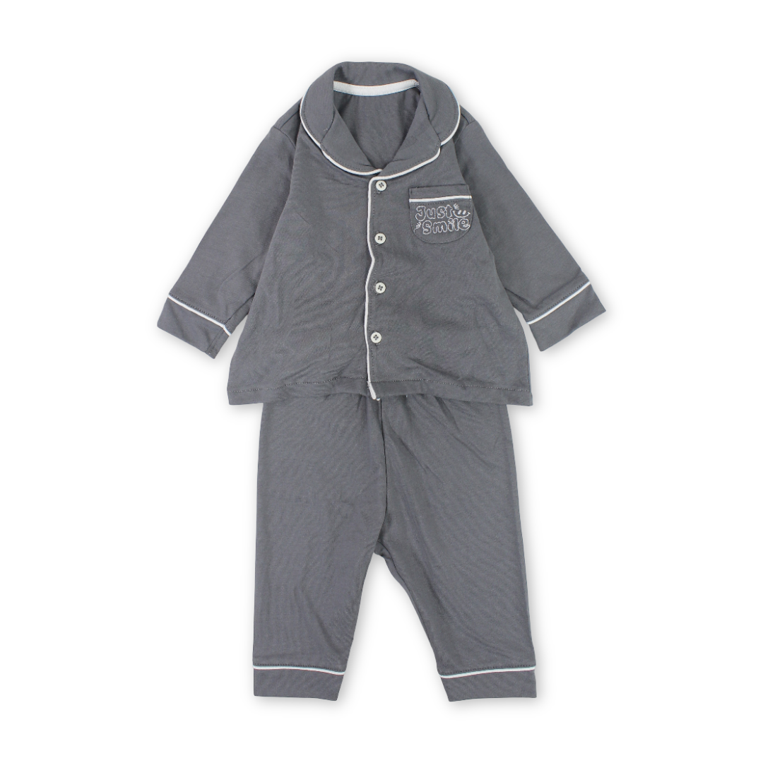 Baby Boys Cotton Pajama – Grey with "Just Smile" Embroidery - Clothing - Al Sayad