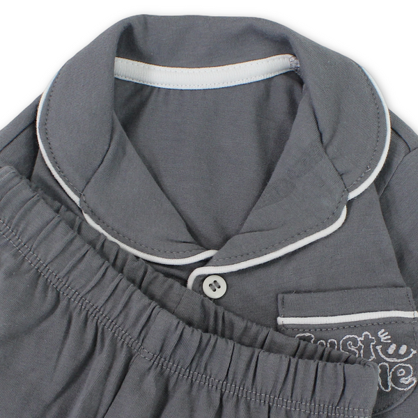Baby Boys Cotton Pajama – Grey with "Just Smile" Embroidery