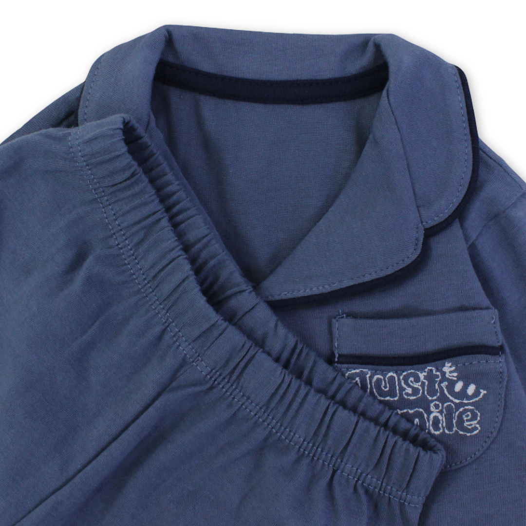 Baby Boys Cotton Pajama – Blue with "Just Smile" Embroidery