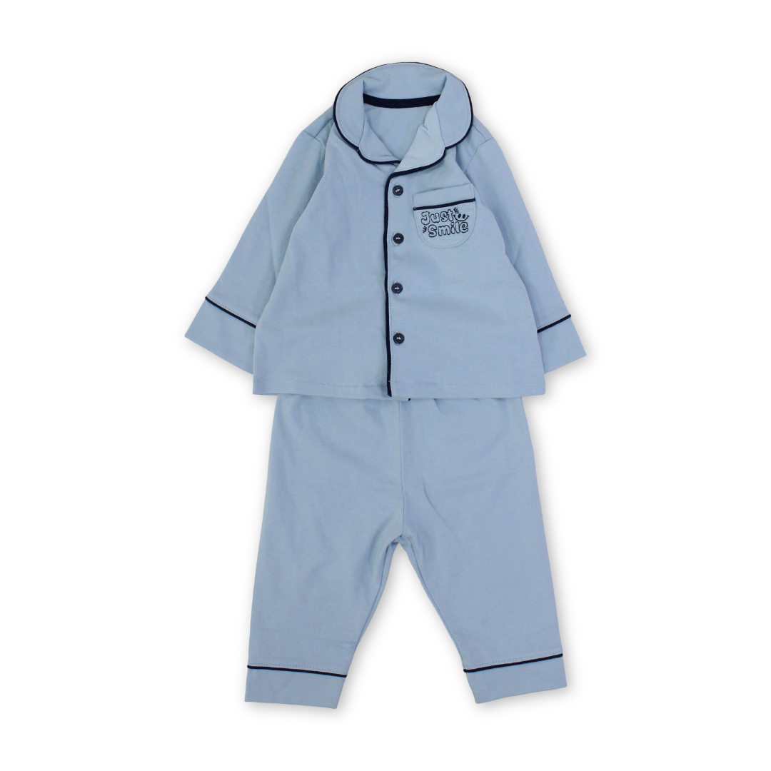 Baby Boys Cotton Pajama – Baby Blue with "Just Smile" Embroidery - Clothing - Al Sayad