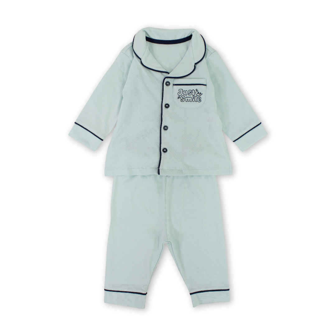 Baby Boys Cotton Pajama – Mint with "Just Smile" Embroidery