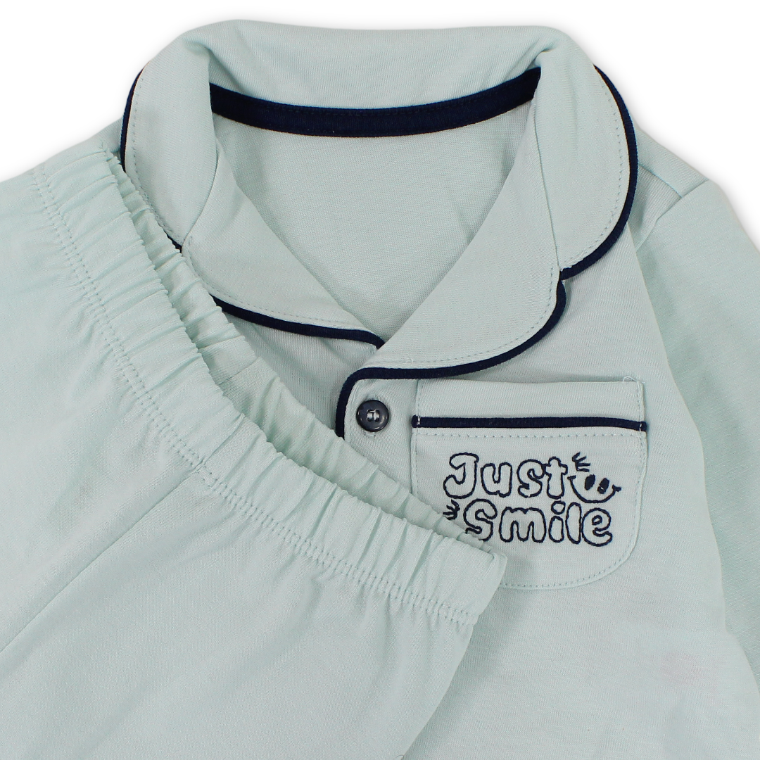 Baby Boys Cotton Pajama – Mint with "Just Smile" Embroidery