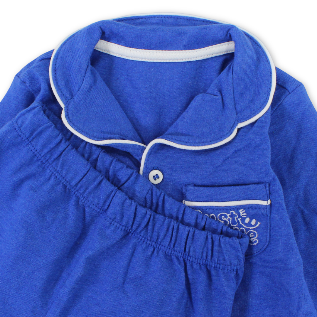 Baby Boys Cotton Pajama – Blue with "Just Smile" Embroidery